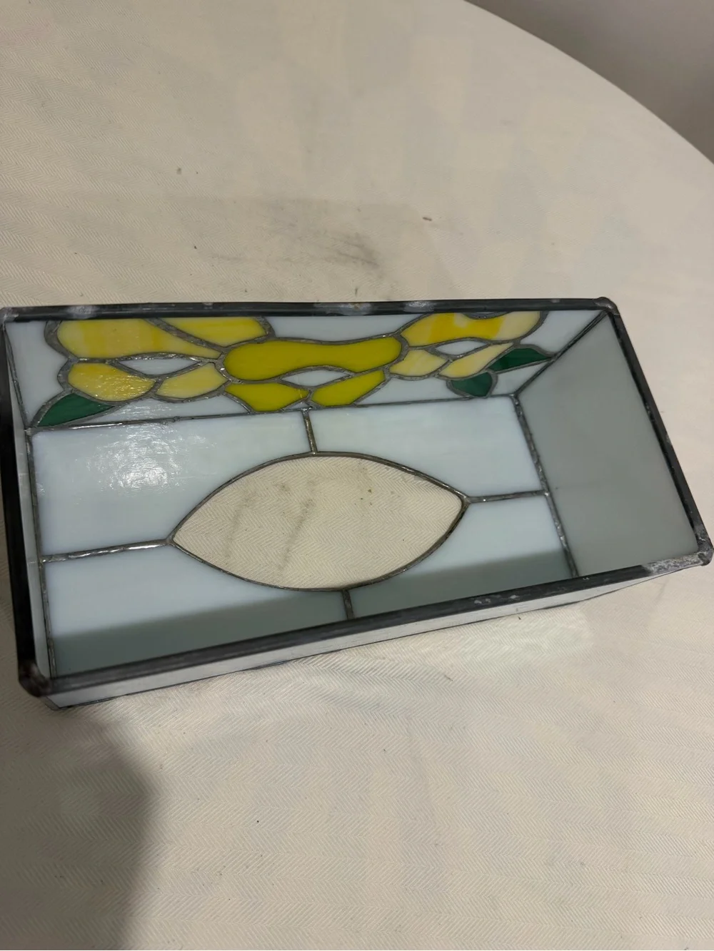 Stained Glass Tissue Box Cover with Yellow Floral Design